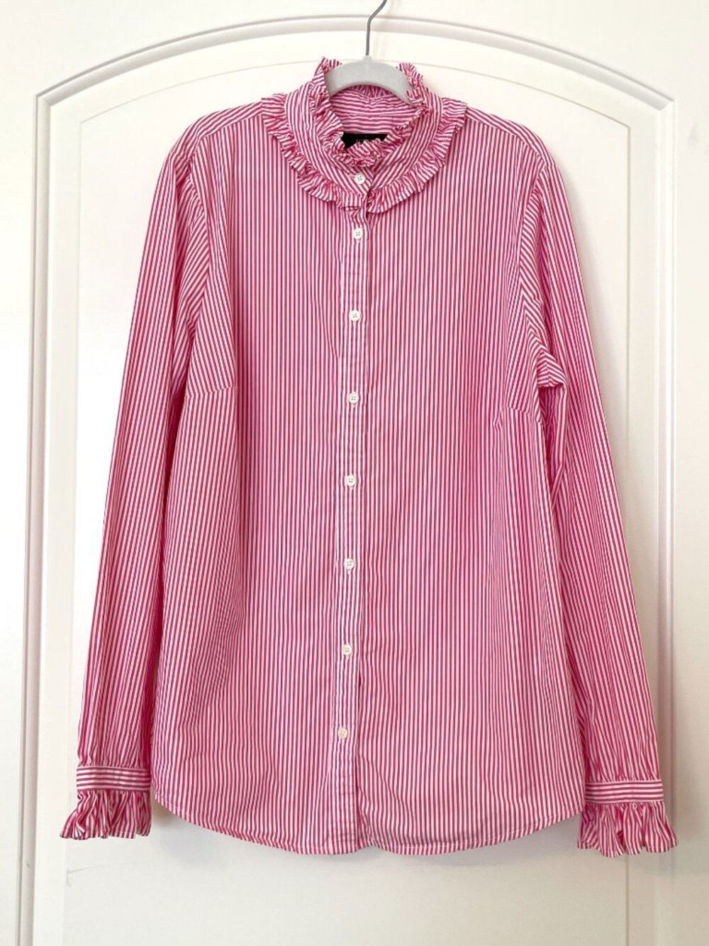 New J. Crew Pink White Stripe Blouse Shirt Long Sleeve Button Ruffle Trim Small